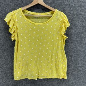 Loft T-Shirt Women L Large Yellow Polka Dot Linen Short Sleeve Round Neck Casual